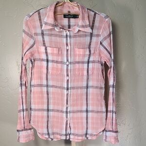 Ralph Lauren Pink White Black Plaid Lightweight Shirt 100% Cotton Medium